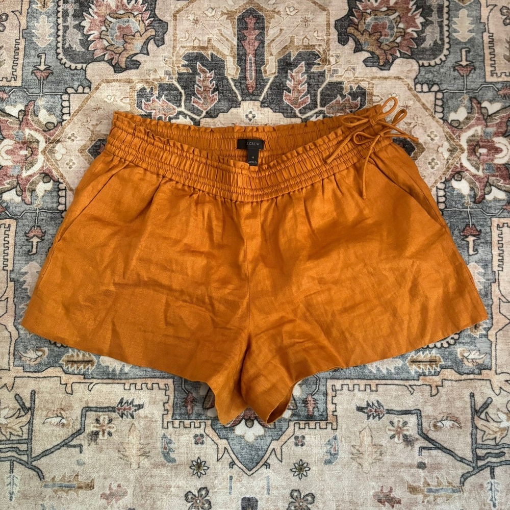 J.Crew Burnt Orange Linen Herringbone Smocked Waist Bow Shorts Resort Sz Medium - Picture 11 of 12